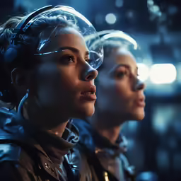 two women are wearing headphones and standing together
