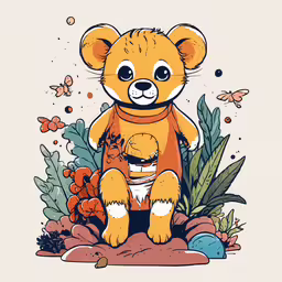 a drawing of a teddy bear in the middle of some flowers and plants,a drawing of a teddy bear, sitting on the ground with a butterfly in the sky above