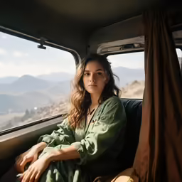 a woman sitting in the back of a van on a mountain side