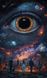 an anime movie with many eyes and a city skyline in the background