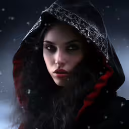 a woman wearing a red and black coat in the snow,a woman in red hooded jacket and black coat