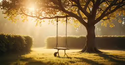 a bench under a tree with the sun shining