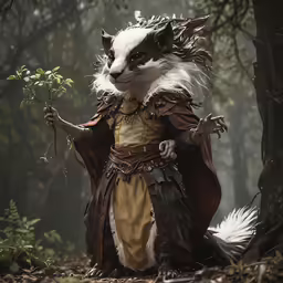 a man dressed up as a wolf standing in the woods