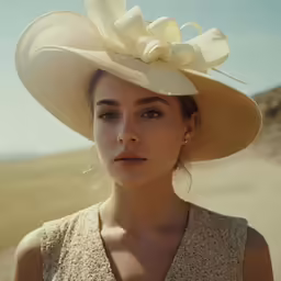 a woman wearing a hat on top of a dirt road