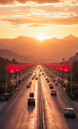 a long road filled with lots of traffic next to a hillside
