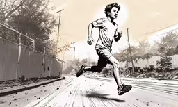 a black and white painting of a man running,a man running down a wooden road next to a fence