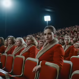 two women dressed in red are sitting in a row on chairs