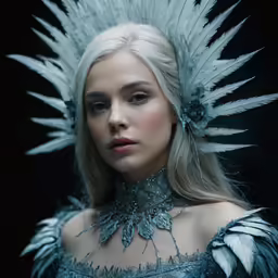 a woman wearing a silver costume with white feathers on her head