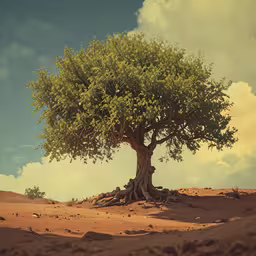 a big tree with a lot of green leaves,a tree growing in the middle of desert