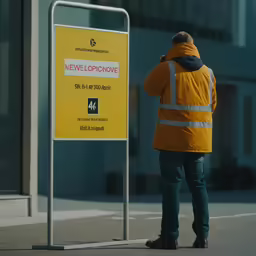 a person in yellow jacket standing near a sign