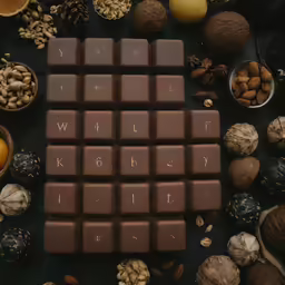 chocolate that looks like letters spelled with nuts on a table