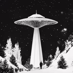 the man is standing next to an alien ship