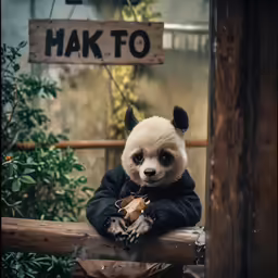 panda bear sitting on a log with its arms crossed
