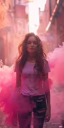 a beautiful woman with long hair standing in the street,a woman standing in front of pink smoke cloud