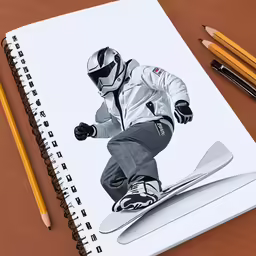 a person on a snowboard going down the slope with skis and pencils