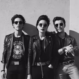 three men are wearing sunglasses and black leather jackets