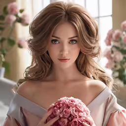 a model holding a bouquet of roses in her hands
