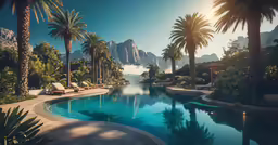 a beautiful swimming pool sits next to a large resort