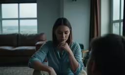 a woman in a blue shirt sitting at a table next to a man
