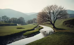 a small stream in the middle of some grass and a tree