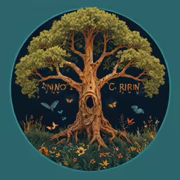 an art print of a tree surrounded by butterflies,the sun