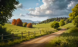 a dirt road and some green hills and trees