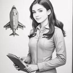 a drawing of a girl standing in front of an airplane