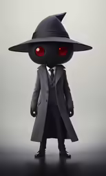 the action figure has a grey suit, black coat, and red eyes