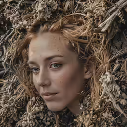 a woman is surrounded by dried branches and leaves