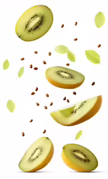 a kiwi and seed slices on a white background