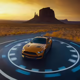 a yellow sports car speeding on a curved road