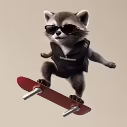 a raccoon with shades, riding on a skateboard