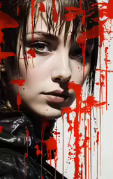a woman is wearing a black leather jacket with red streaks on the face