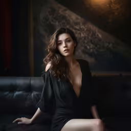 a model with big breast sits on a couch