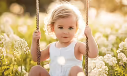 young girl playing on a swing in a field