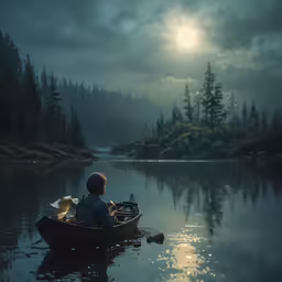 a child in a canoe floating on the water with his stuffed animal