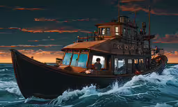 a boat floating through a body of water with a lot of waves,a boat with a man is floating on the water in front of an orange sky