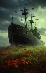 an old ship sailing in a grassy field