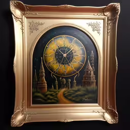 a painting hanging in a wall next to a clock,an ornate painting on a wall near the clock,a painting of a compass that is in the middle of a frame,a clock is painted on a frame above a small table,a painting is hanging on the wall with gold paint