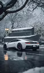 a car is parked on the street in the snow