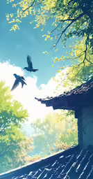 a black bird flying over roof tops with trees in the background