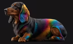 a rainbow colored dachshund dog looking up