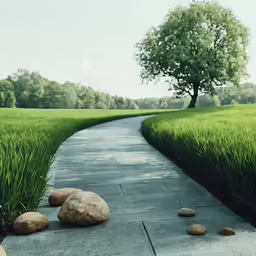 a path with rocks between two large trees