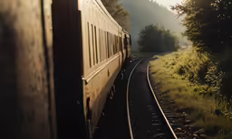 a train is traveling on the railroad tracks