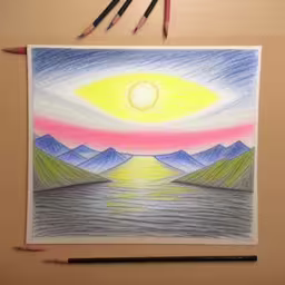 a drawing of mountains with a sunset