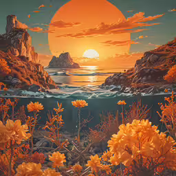 a photo of some bright flowers in the water,underwater painting showing a sun over water with flowers in front