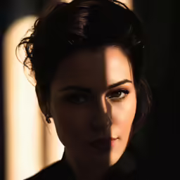 a woman with black hair and a big blue eye