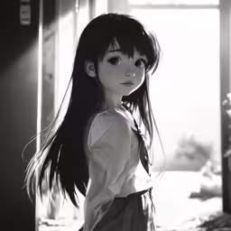 a black and white photo of a girl with long hair