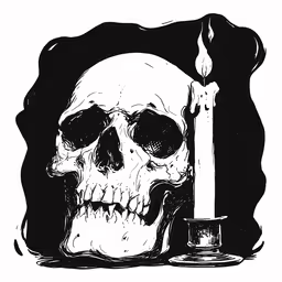 a skull with a candle is shown,a black and white skull with a candle on a black background