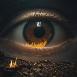 an eye on fire in a desert scene